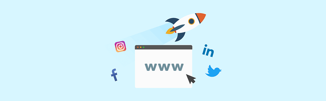 webpage with a rocket and social media icon