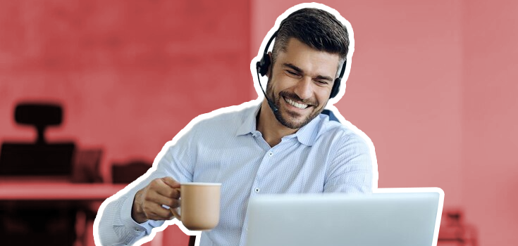 Call center representative feeling content with his provision of services to a contented client