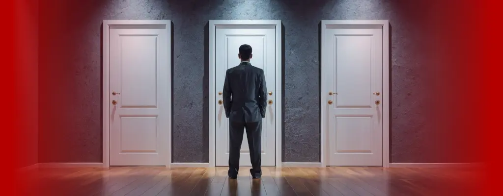 A corporate client facing three doors which signify potential outsourcing service providers