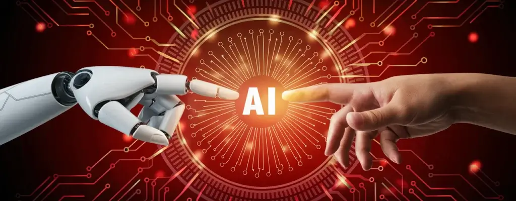 Point fingers of a human and a robot signifying the human-AI collaboration in the future of healthcare BPO