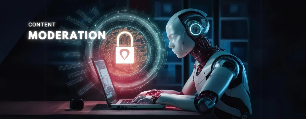 A robot facing a laptop signifying the role of technology in content moderation